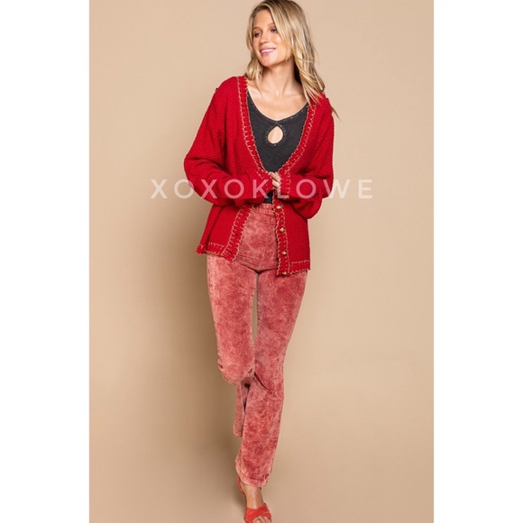 POL Red Button Front Cardigan with Sparkly Gold Trim - Picture 13 of 16